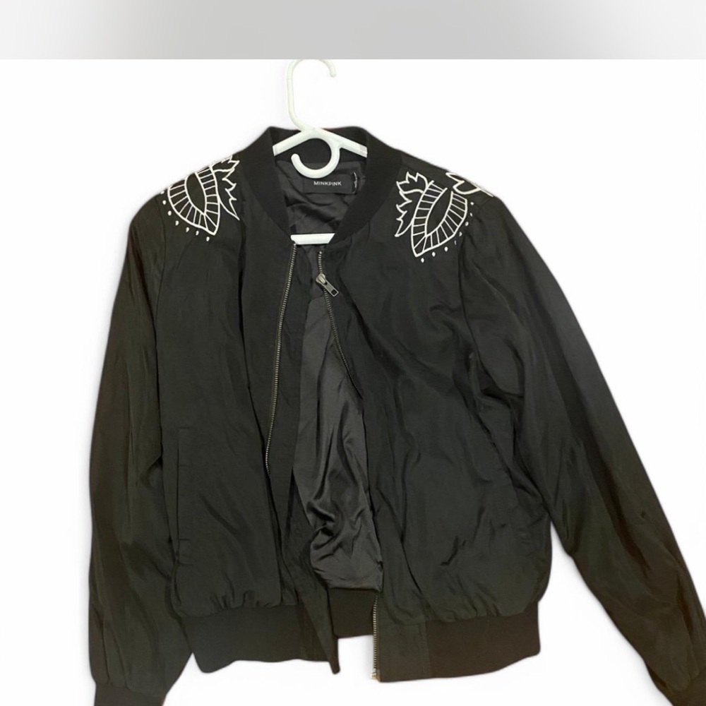 Black Minkpink bomber jacket with white embroidery